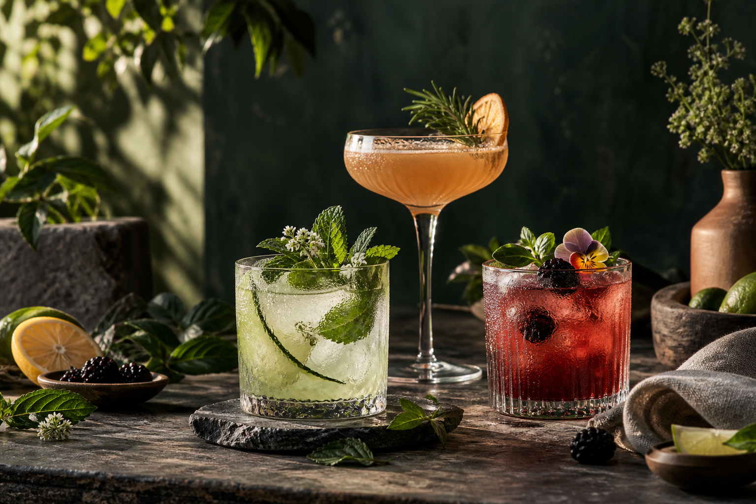 Trois cocktails raffinés entourés d’agrumes, de baies et d’herbes fraîches dans une lumière végétale