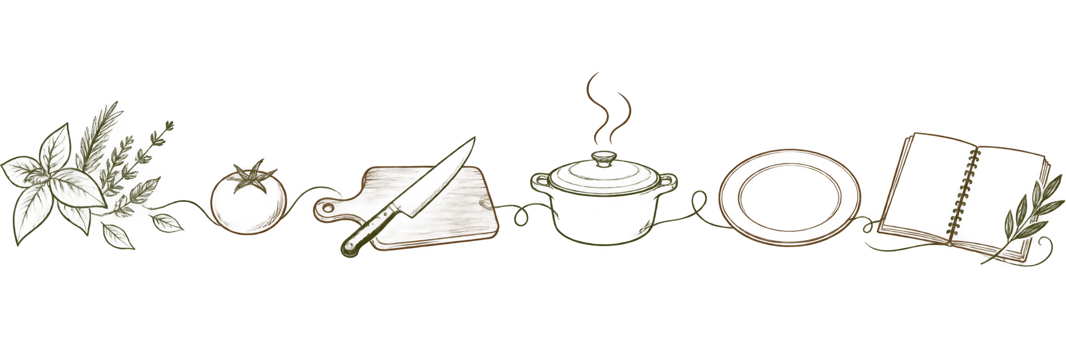 Illustration en trait fin : des herbes et légumes deviennent un plat puis une recette dans un carnet