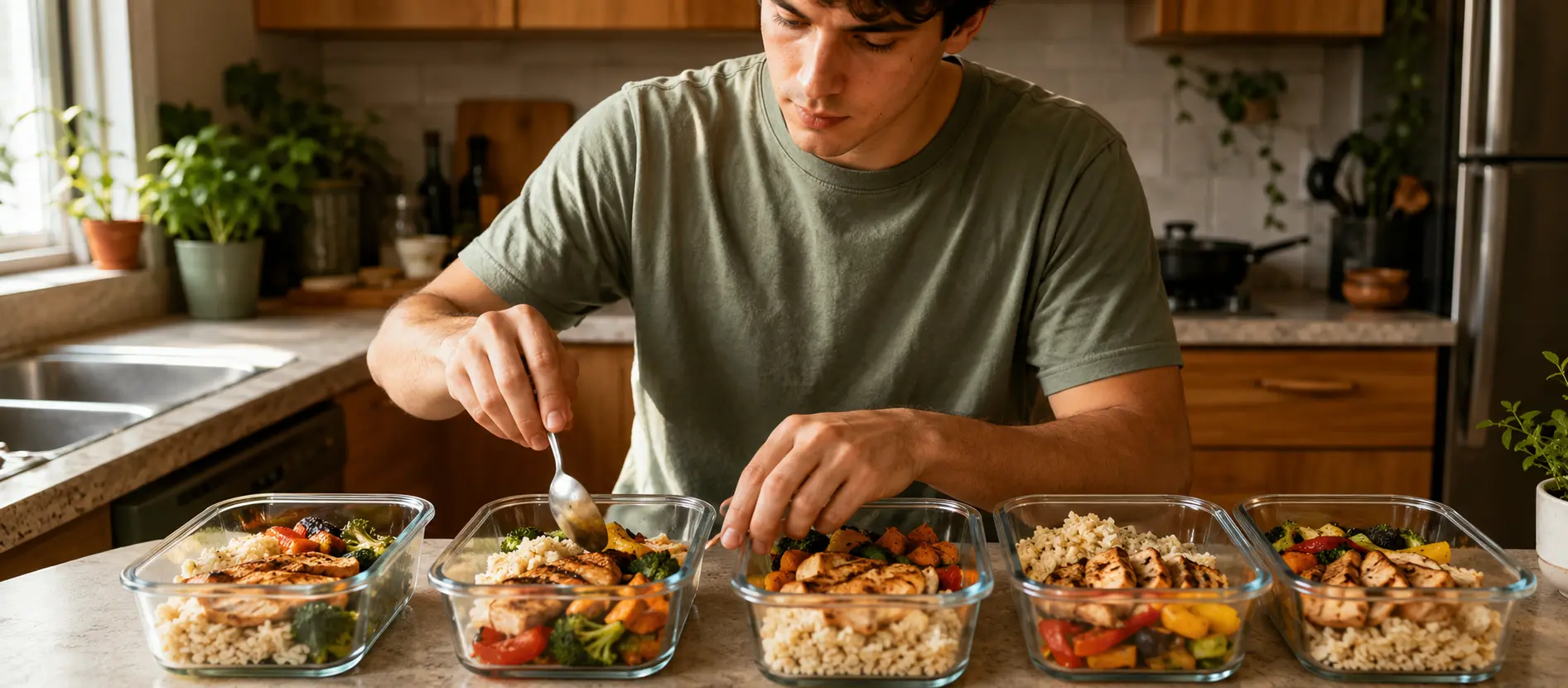 Un étudiant prépare plusieurs boîtes-repas pour ses déjeuners de la semaine